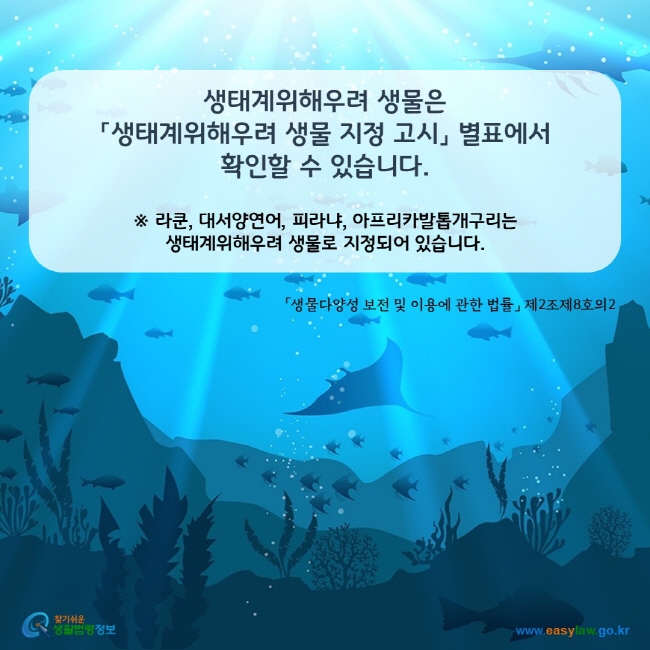 www.easylaw.go.kr 생태계위해우려 생물은 「생태계위해우려 생물 지정 고시」 별포에서 확인할 수 있습니다. ※ 라쿤, 대서양연어, 피라냐, 아프리카발톱개구리는 생태계위해 우려 생물로 지정되어 있습니다. 「생물다양성 보전 및 이용에 관한 법률」 제2조제8호의2